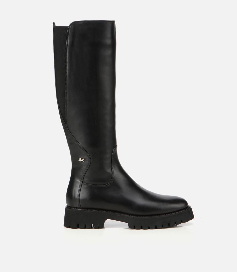  Kadın Deri Siyah Lastik Detaylı Binici Düz Çizme