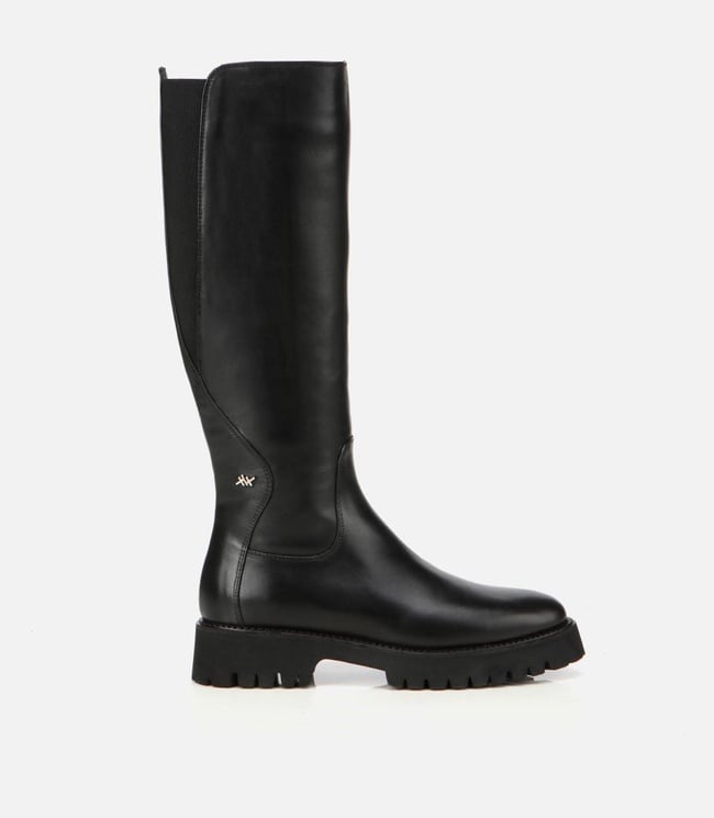  Kadın Deri Siyah Lastik Detaylı Binici Düz Çizme