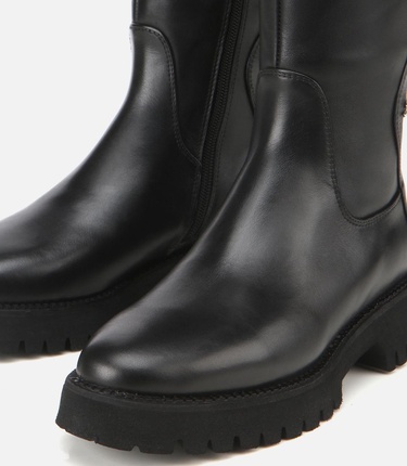  Kadın Deri Siyah Lastik Detaylı Binici Düz Çizme