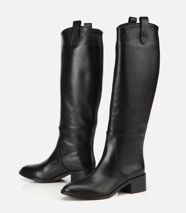  Kadın Deri Siyah Binici Uzun Düz Çizme