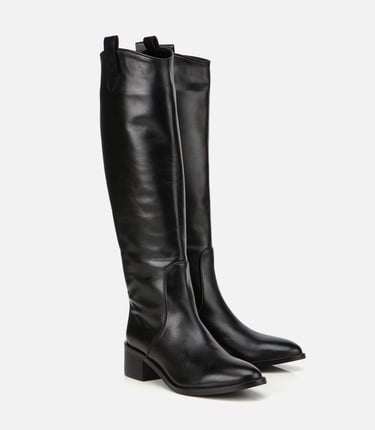  Kadın Deri Siyah Binici Uzun Düz Çizme