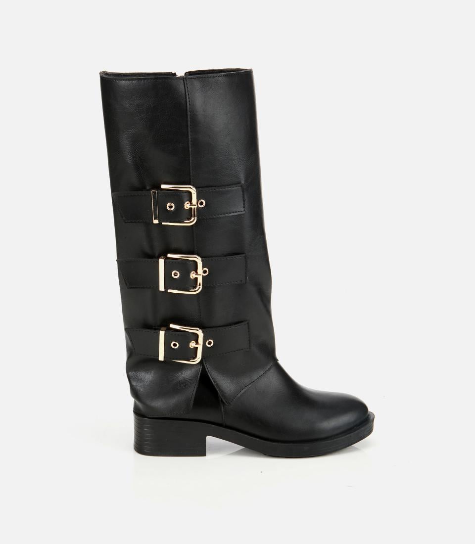  Kadın Siyah Tokalı Düz Çizme