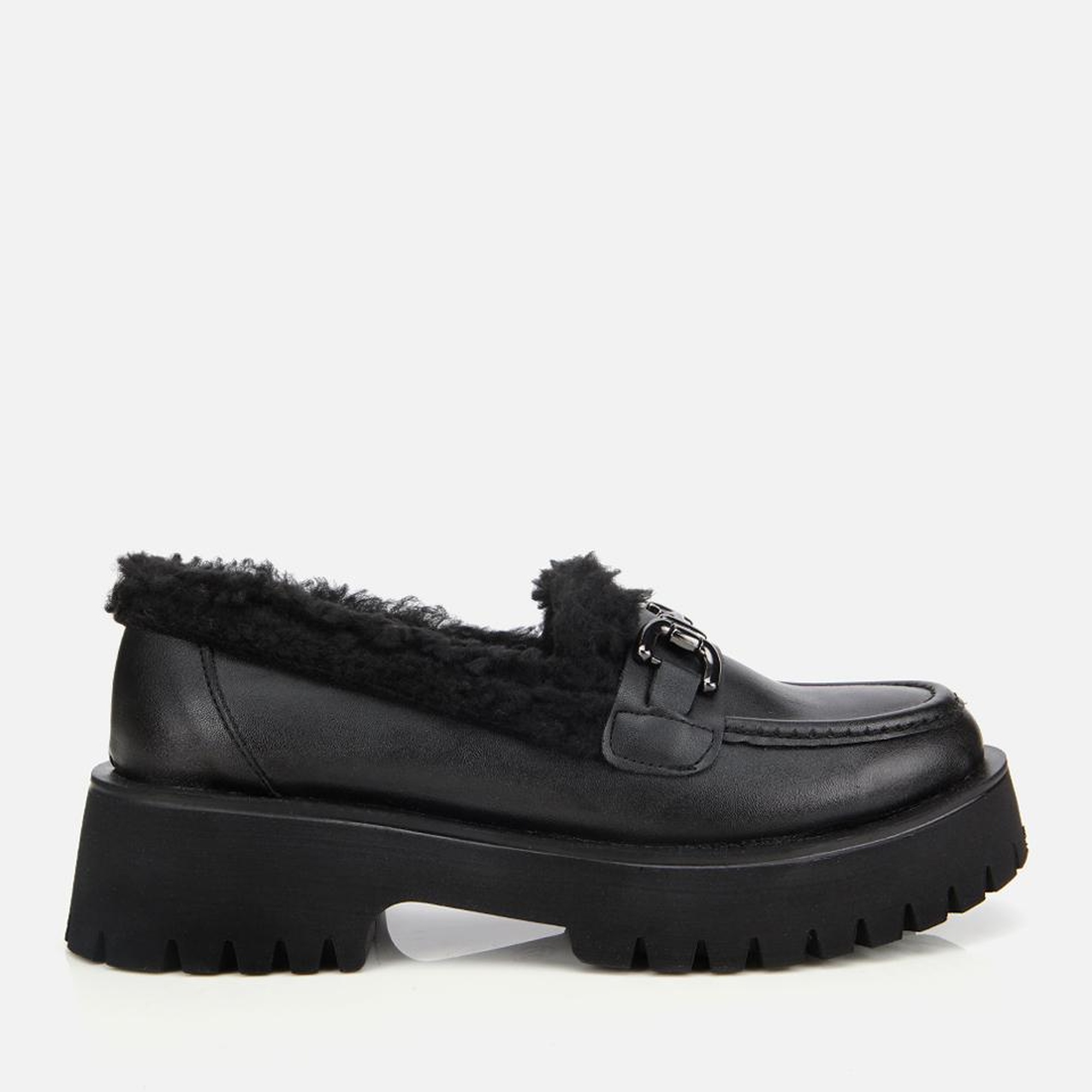 Kadın Siyah Kürklü Tokalı Kalın Tabanlı Günlük Loafer