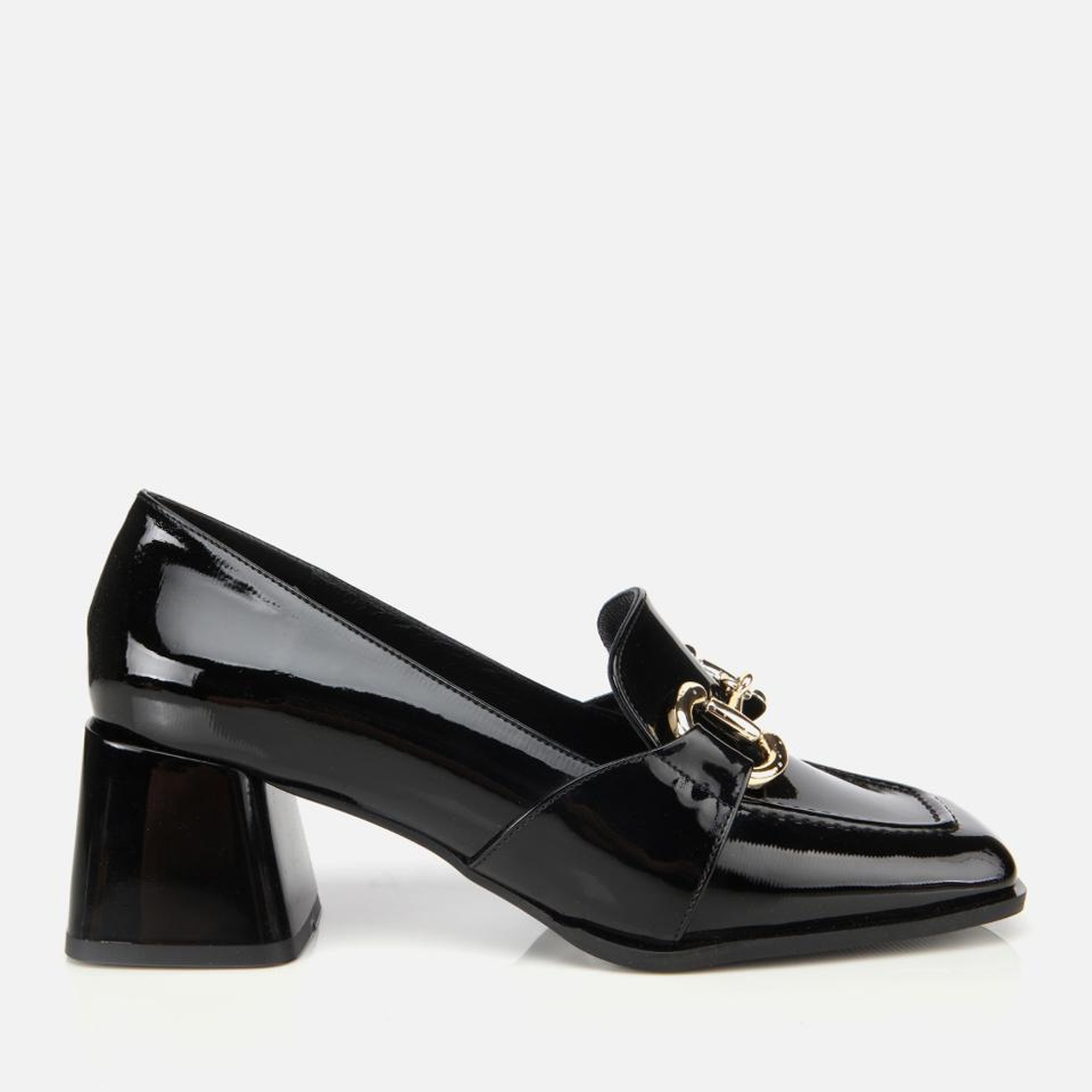 Kadın  Rugan Siyah Tokalı Kare Uçlu Topuklu Klasik Loafer