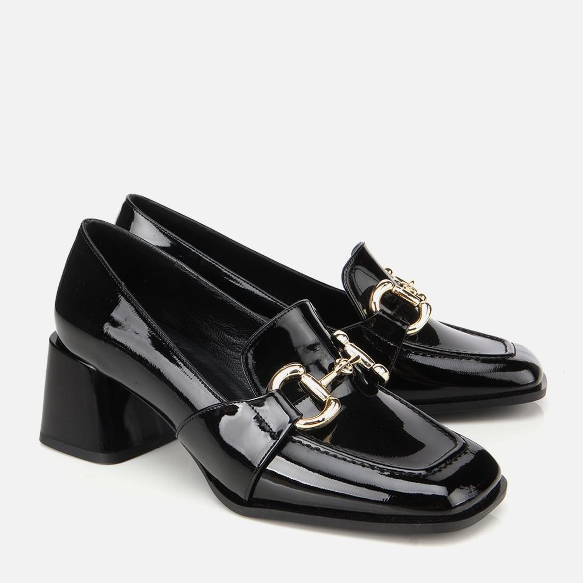 Kadın  Rugan Siyah Tokalı Kare Uçlu Topuklu Klasik Loafer