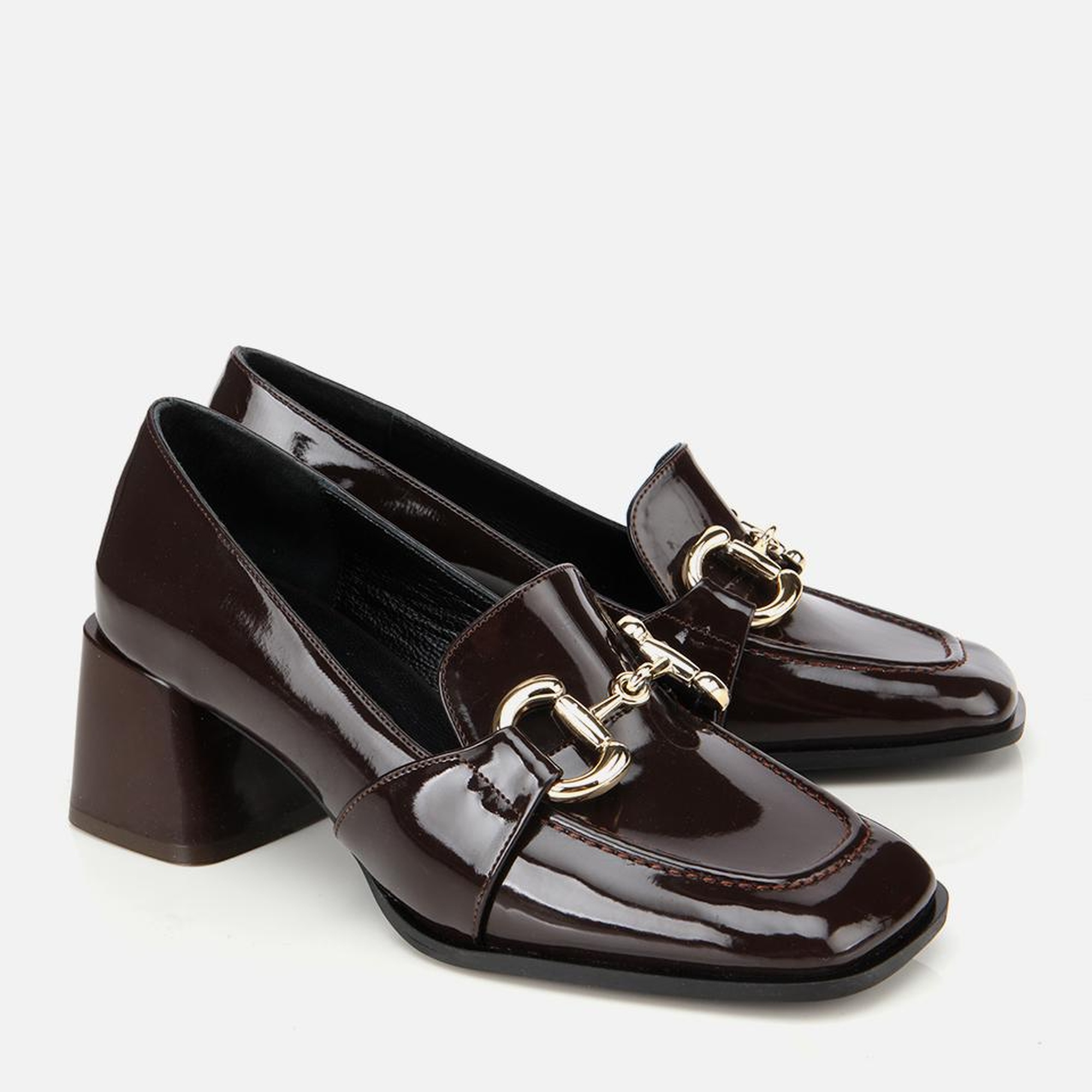 Kadın  Rugan Kahverengi Tokalı Kare Uçlu Topuklu Klasik Loafer