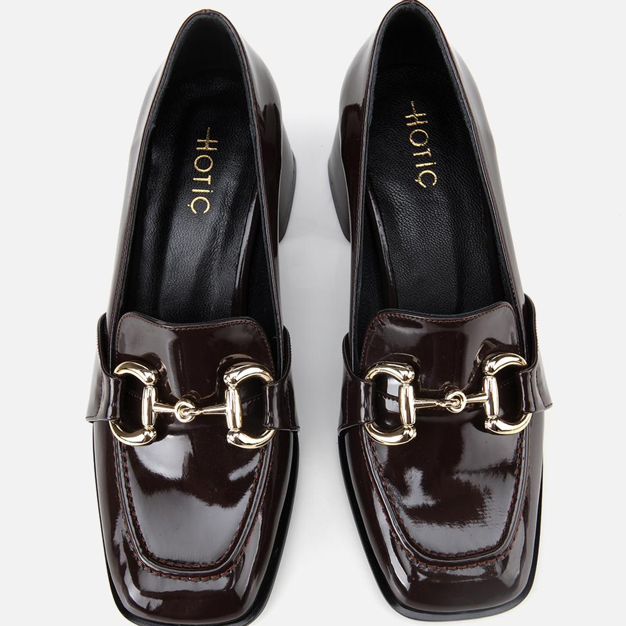 Kadın  Rugan Kahverengi Tokalı Kare Uçlu Topuklu Klasik Loafer