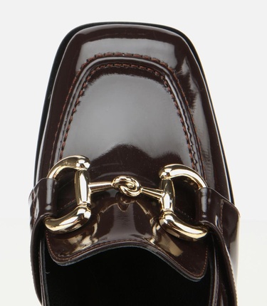  Kadın  Rugan Kahverengi Tokalı Kare Uçlu Topuklu Klasik Loafer