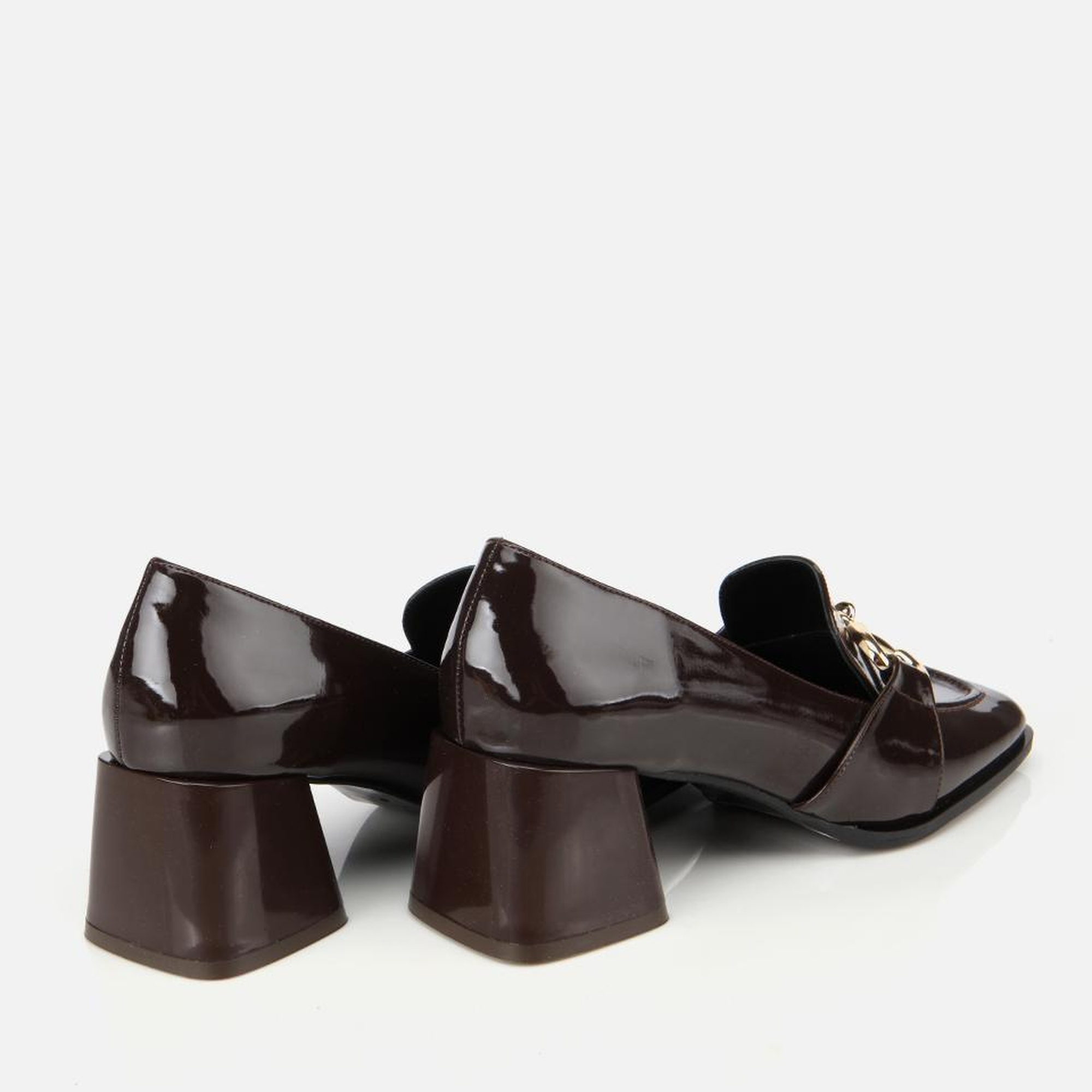 Kadın  Rugan Kahverengi Tokalı Kare Uçlu Topuklu Klasik Loafer