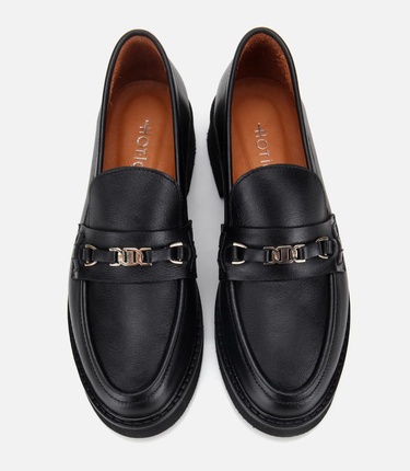  Kadın Deri Siyah Tokalı Klasik Loafer