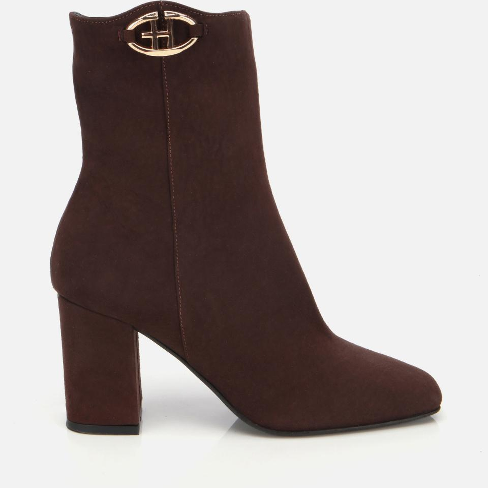 Kadın Süet Deri Kahverengi Tokalı Kare Uçlu Bilekte Topuklu Bot