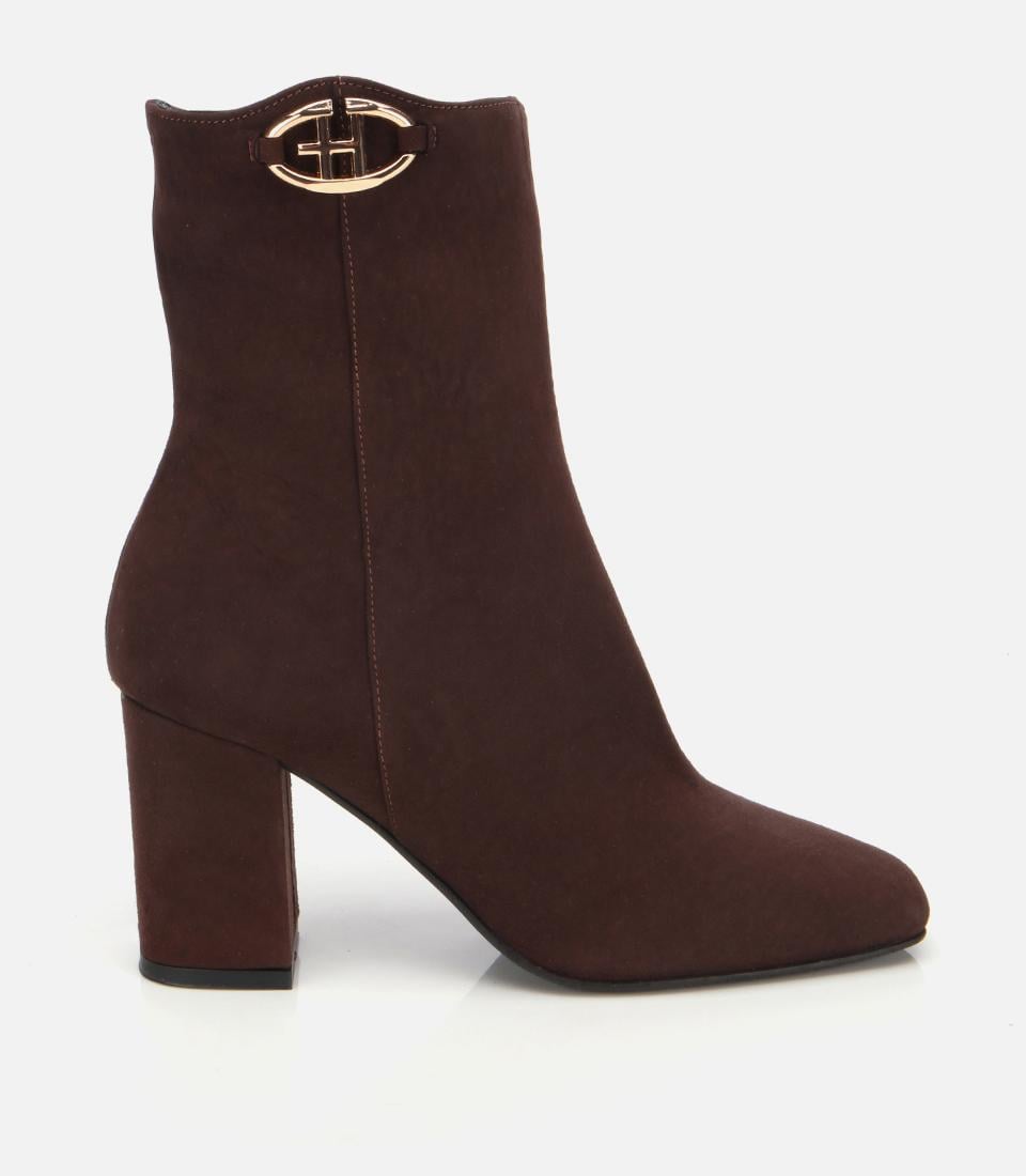  Kadın Süet Deri Kahverengi Tokalı Kare Uçlu Bilekte Topuklu Bot