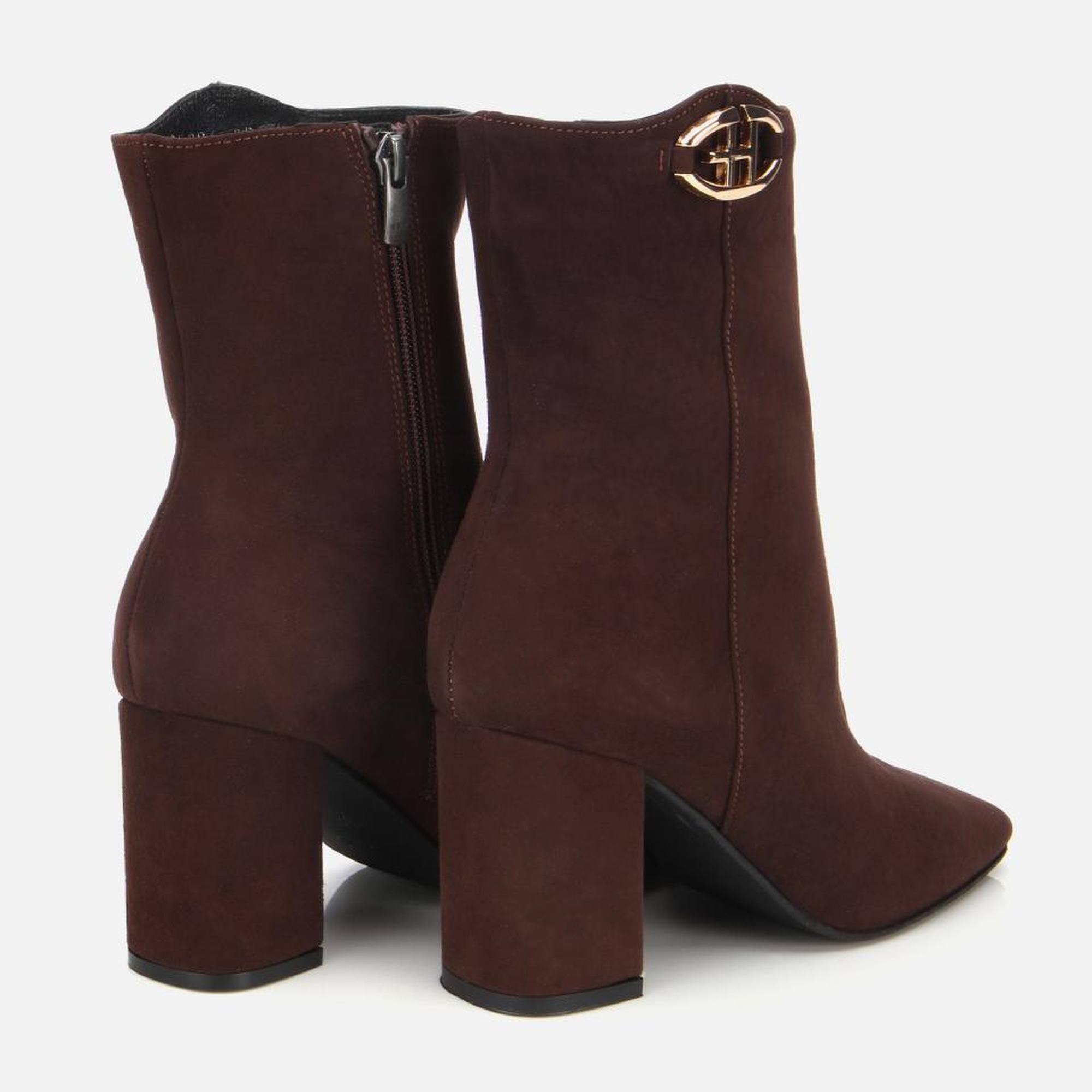 Kadın Süet Deri Kahverengi Tokalı Kare Uçlu Bilekte Topuklu Bot