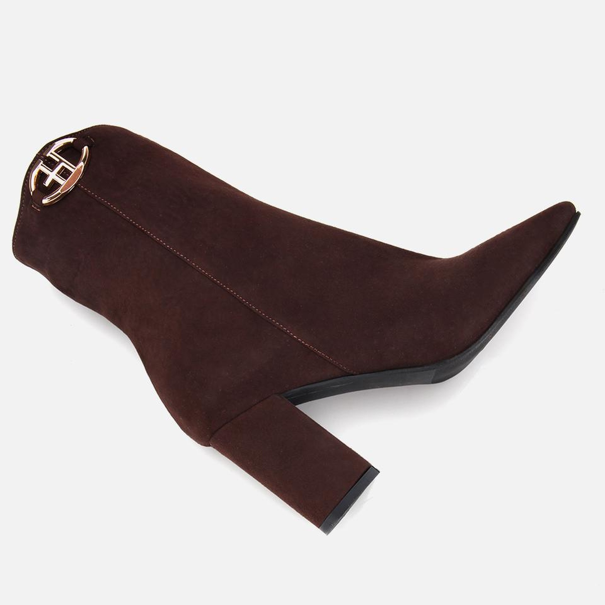 Kadın Süet Deri Kahverengi Tokalı Kare Uçlu Bilekte Topuklu Bot