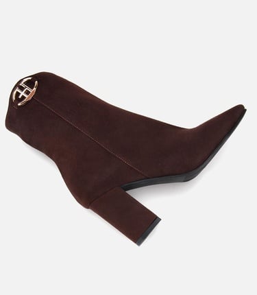  Kadın Süet Deri Kahverengi Tokalı Kare Uçlu Bilekte Topuklu Bot