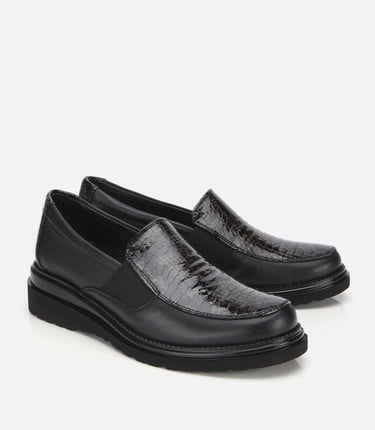  Kadın Deri Siyah Yılan Baskılı Dolgu Topuklu Günlük Loafer