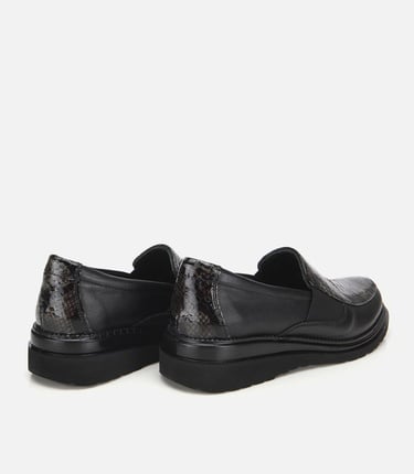  Kadın Deri Siyah Yılan Baskılı Dolgu Topuklu Günlük Loafer