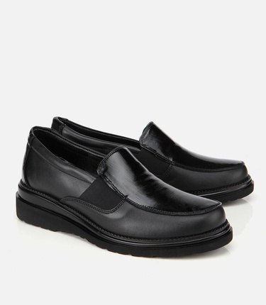  Kadın Deri Siyah Lastik Detaylı Dolgu Topuklu Günlük Loafer