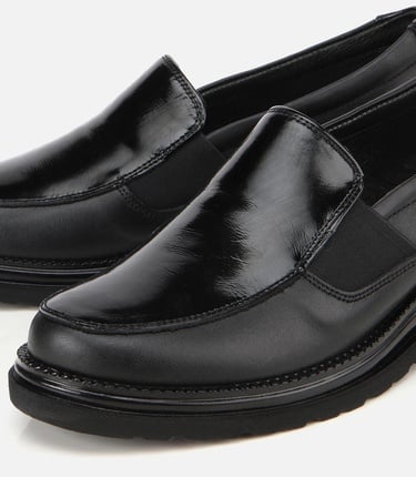  Kadın Deri Siyah Lastik Detaylı Dolgu Topuklu Günlük Loafer