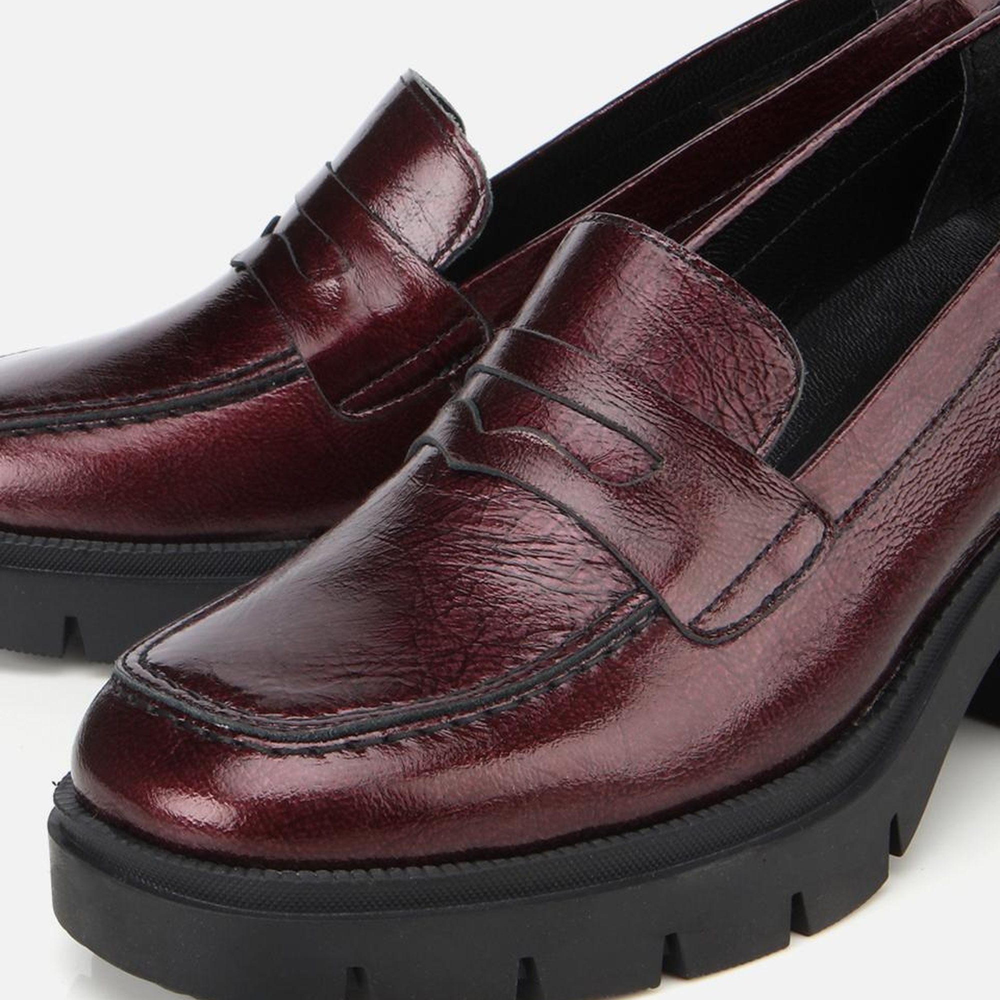 Kadın Rugan Deri Bordo Topuklu Klasik Loafer