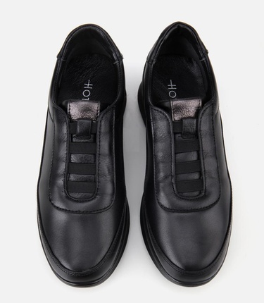  Kadın Deri Siyah Lastik Detaylı Dolgu Topuklu Günlük Loafer