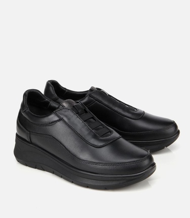  Kadın Deri Siyah Lastik Detaylı Dolgu Topuklu Günlük Loafer