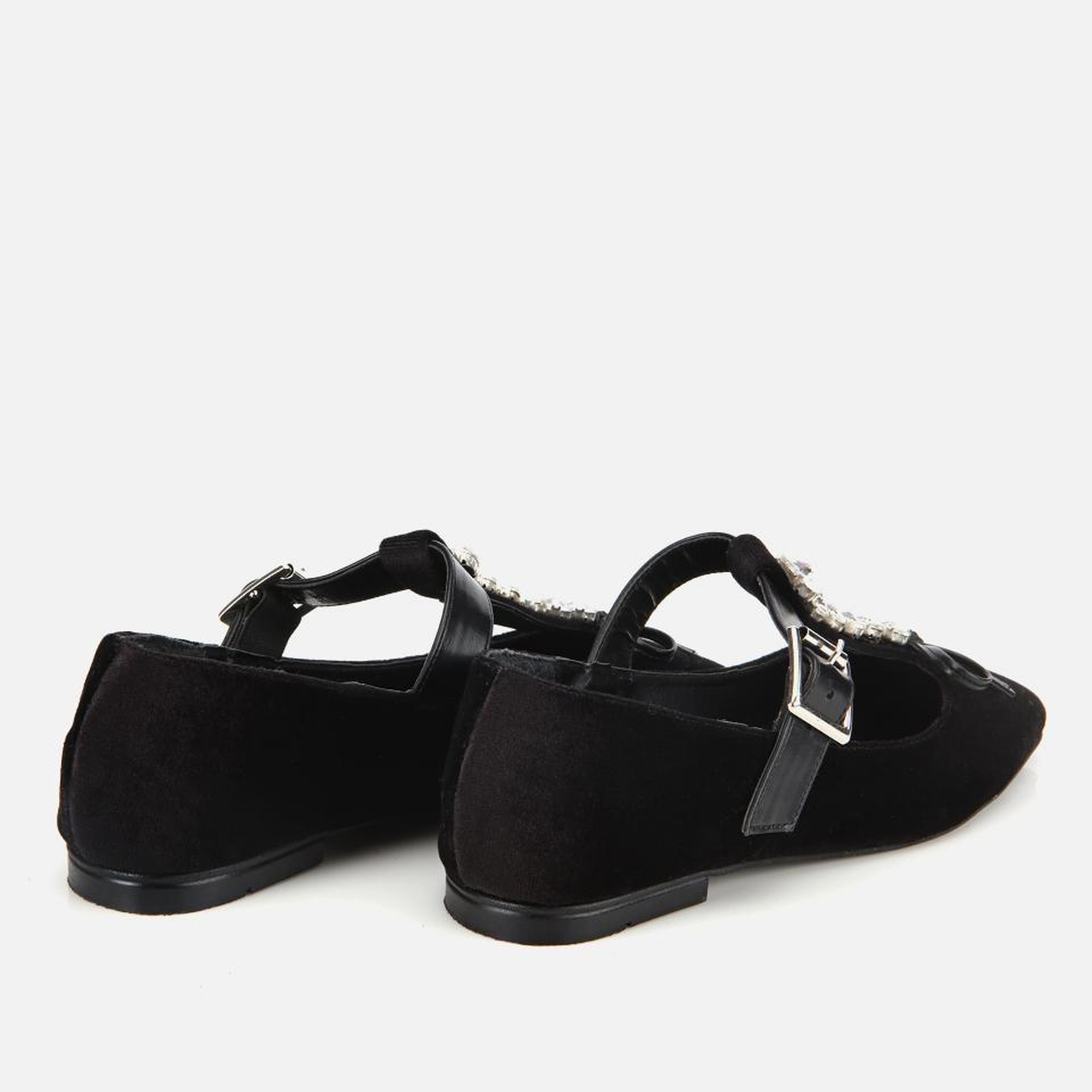 Kadın Siyah Kadife Taşlı Fiyonk Detaylı Babet