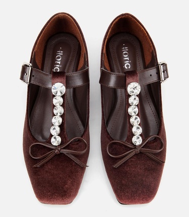  Kadın Kahverengi Kadife Taşlı Fiyonk Detaylı Babet