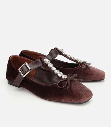  Kadın Kahverengi Kadife Taşlı Fiyonk Detaylı Babet