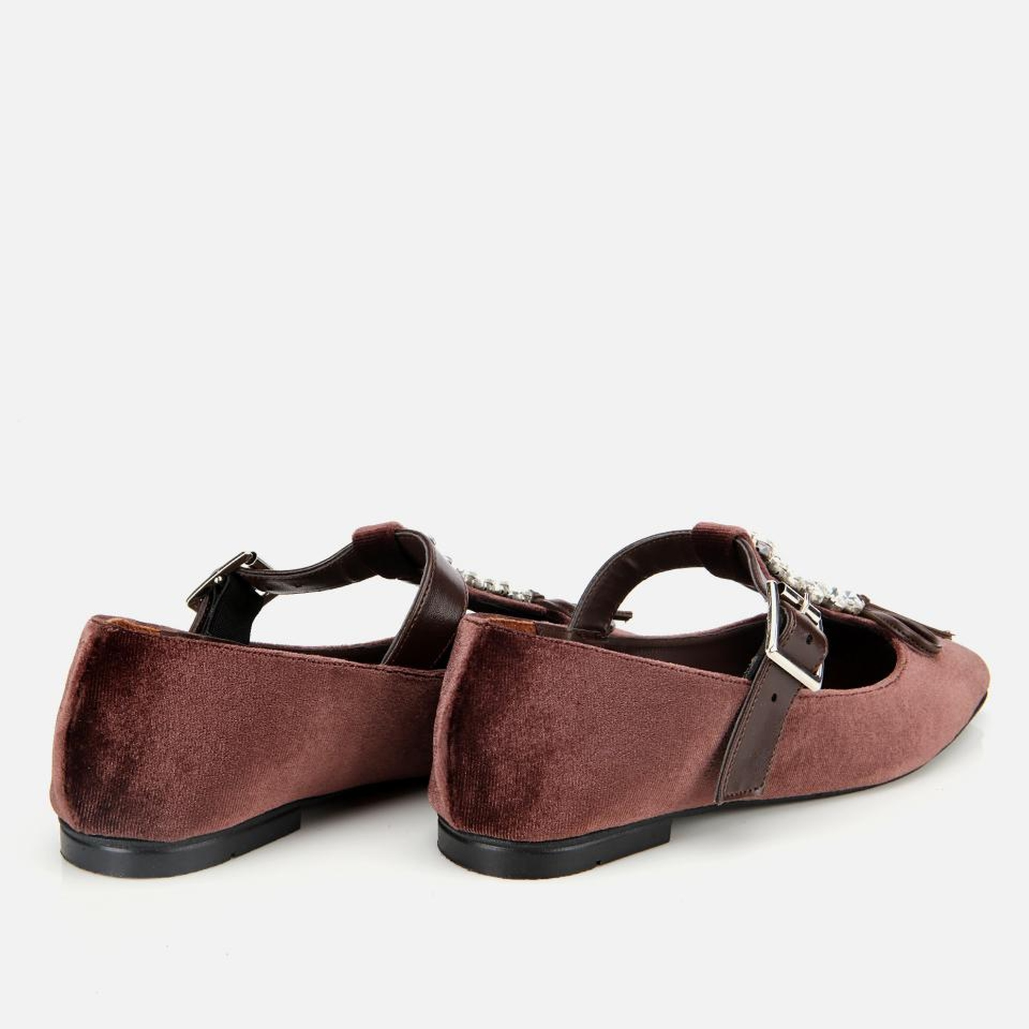 Kadın Kahverengi Kadife Taşlı Fiyonk Detaylı Babet