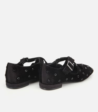  Kadın Siyah Kadife Taşlı Çapraz Bantlı Babet