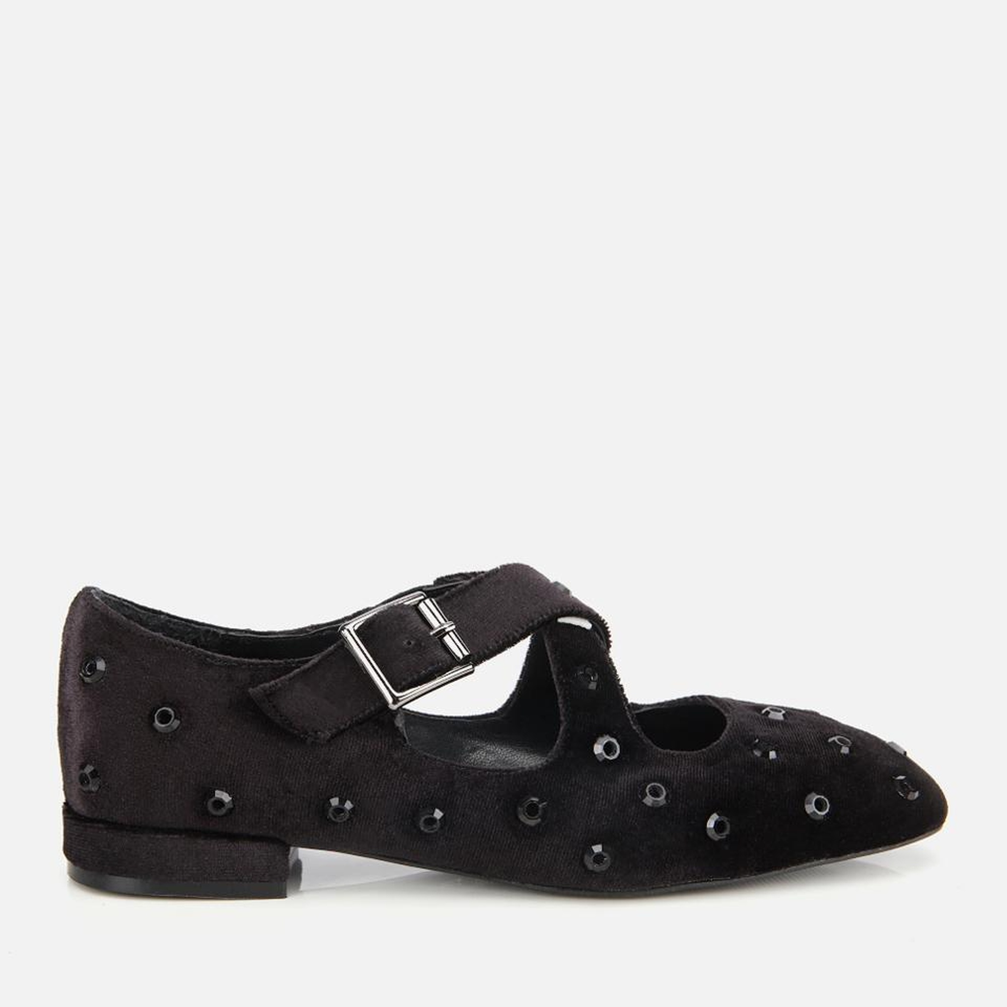 Kadın Siyah Kadife Taşlı Çapraz Bantlı Babet