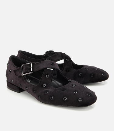  Kadın Siyah Kadife Taşlı Çapraz Bantlı Babet