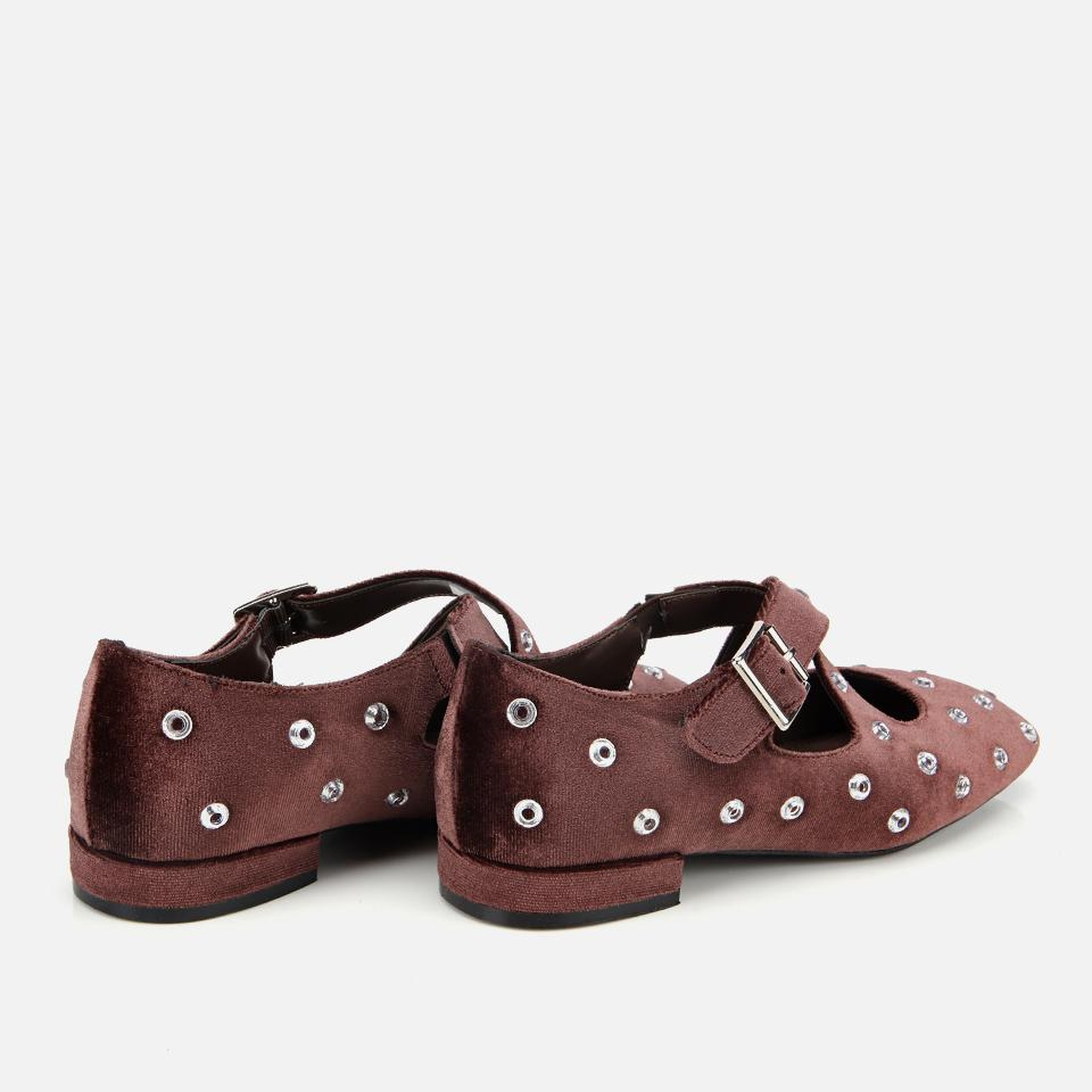 Kadın Kahverengi Kadife Taşlı Çapraz Bantlı Babet