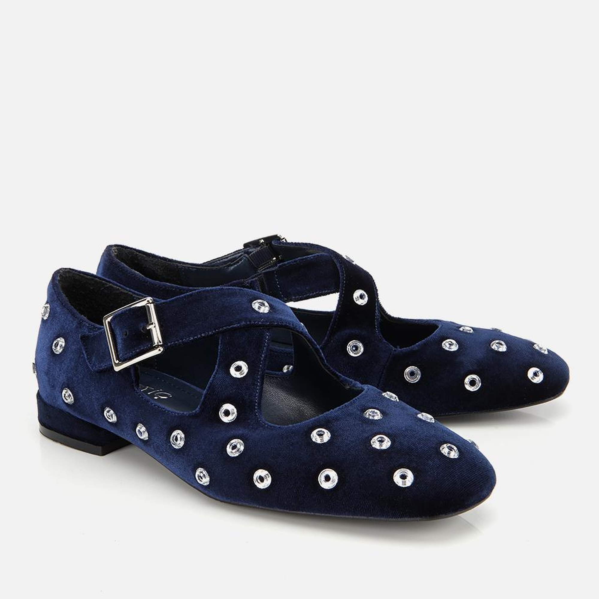 Kadın Lacivert Kadife Taşlı Çapraz Bantlı Babet