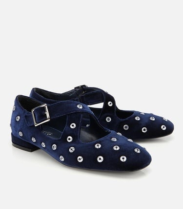  Kadın Lacivert Kadife Taşlı Çapraz Bantlı Babet