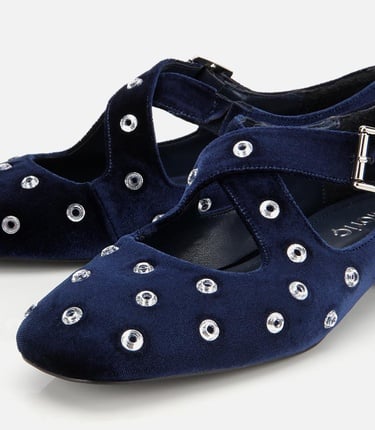  Kadın Lacivert Kadife Taşlı Çapraz Bantlı Babet