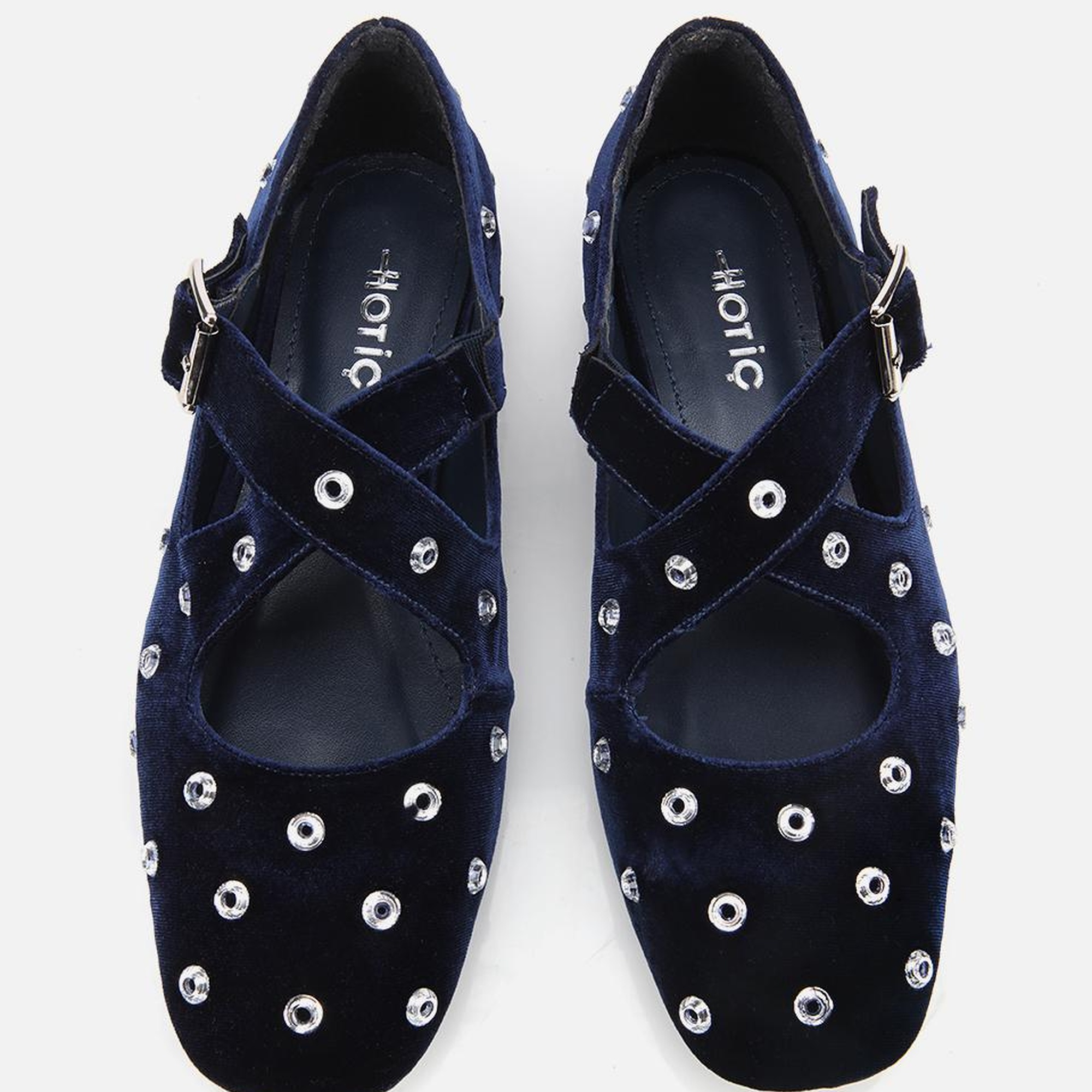 Kadın Lacivert Kadife Taşlı Çapraz Bantlı Babet