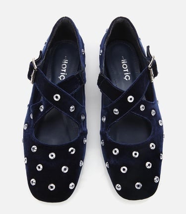  Kadın Lacivert Kadife Taşlı Çapraz Bantlı Babet