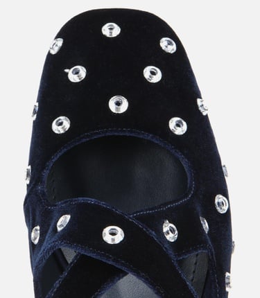  Kadın Lacivert Kadife Taşlı Çapraz Bantlı Babet