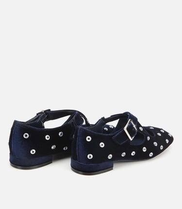  Kadın Lacivert Kadife Taşlı Çapraz Bantlı Babet