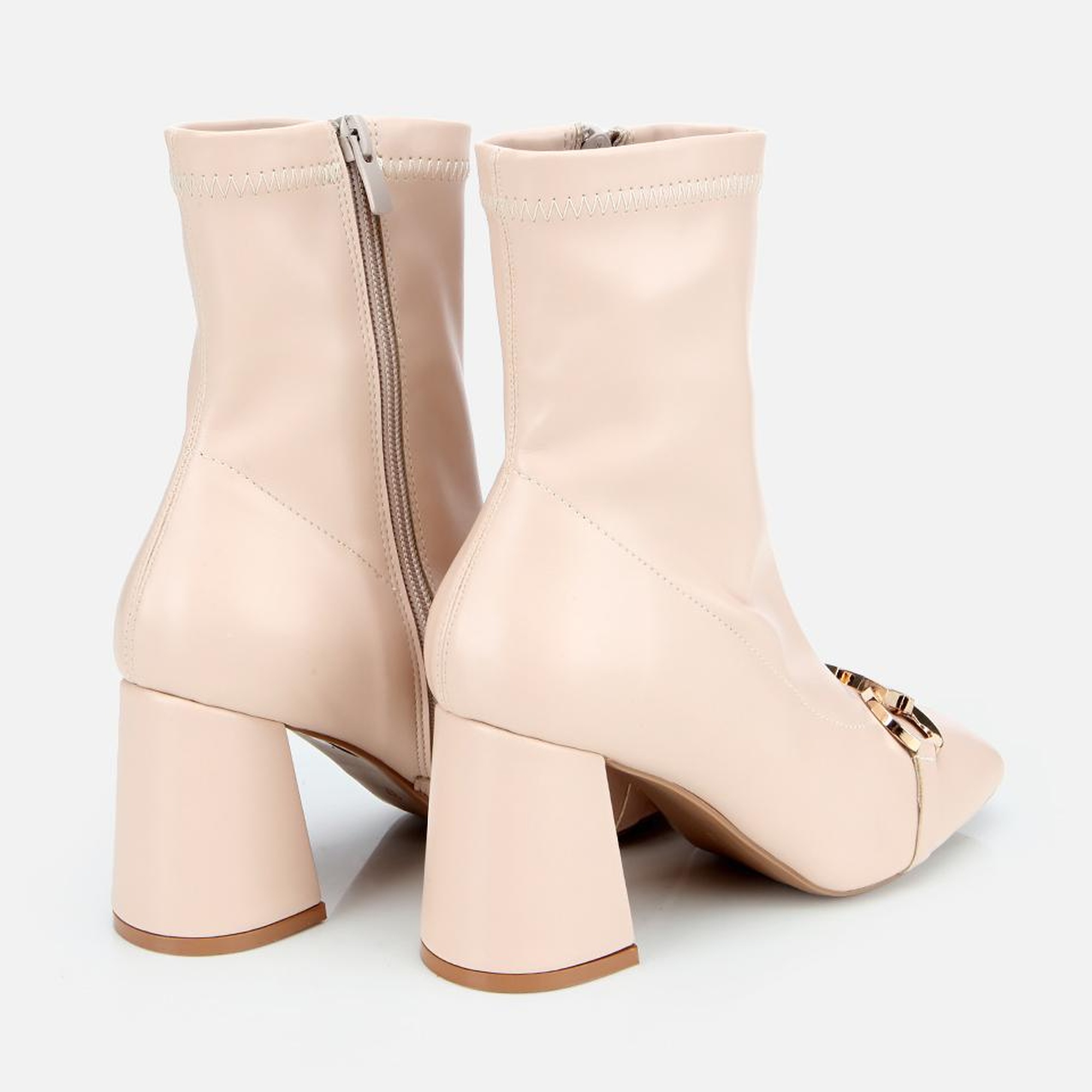 Kadın Bej Tokalı Streç Fermuarlı Yüksek Topuklu Bot