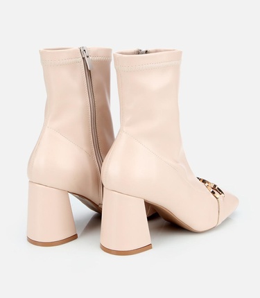  Kadın Bej Tokalı Streç Fermuarlı Yüksek Topuklu Bot
