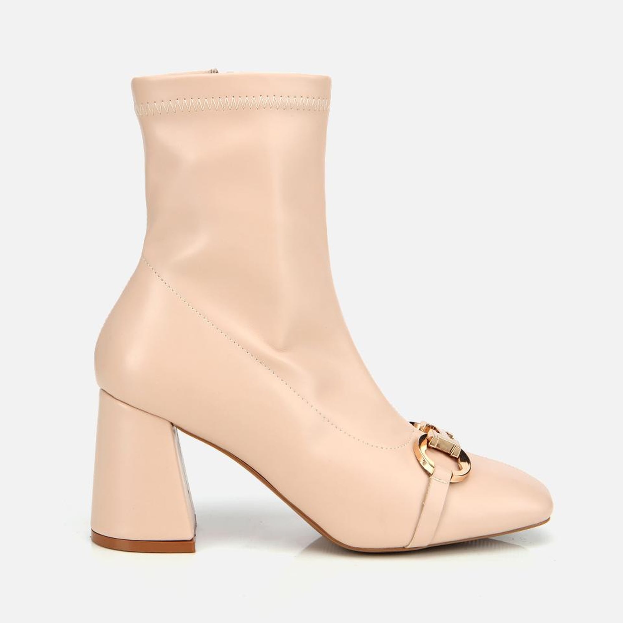 Kadın Bej Tokalı Streç Fermuarlı Yüksek Topuklu Bot