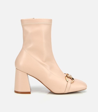  Kadın Bej Tokalı Streç Fermuarlı Yüksek Topuklu Bot