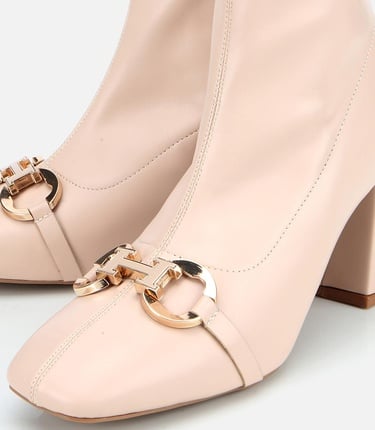  Kadın Bej Tokalı Streç Fermuarlı Yüksek Topuklu Bot