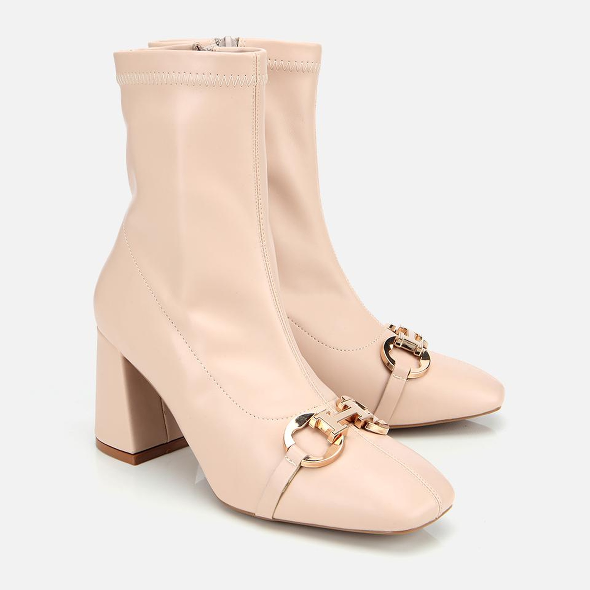 Kadın Bej Tokalı Streç Fermuarlı Yüksek Topuklu Bot