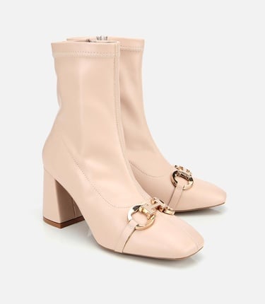  Kadın Bej Tokalı Streç Fermuarlı Yüksek Topuklu Bot