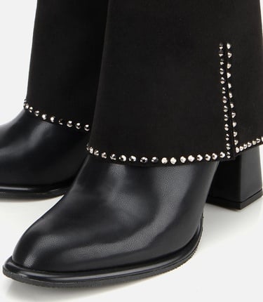  Kadın Siyah Pantolon Görünümlü Zımbalı Kalın Topuklu Bot