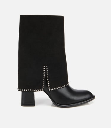  Kadın Siyah Pantolon Görünümlü Zımbalı Kalın Topuklu Bot